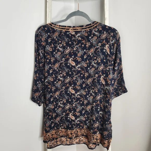 Market & Spruce Stitch Fix 1x paisley print embroidered 3/4 sleeve boho top - Picture 5 of 6